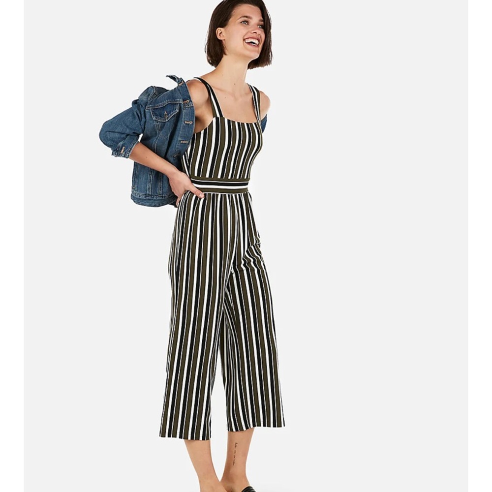 Express Green/Black/White Striped Jumpsuit